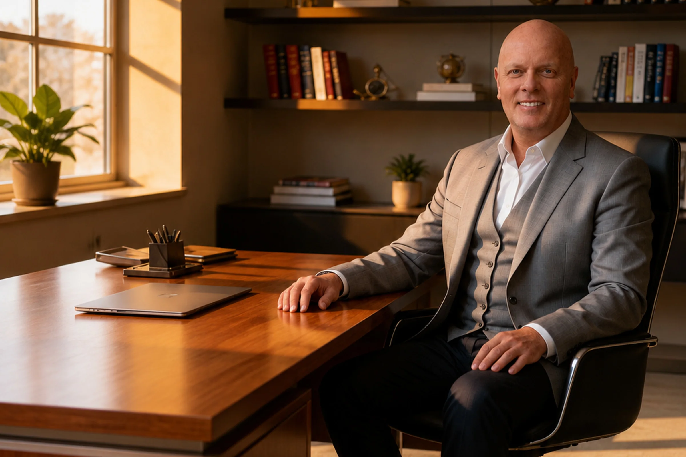 Jonathan Disley seated in a grey suit